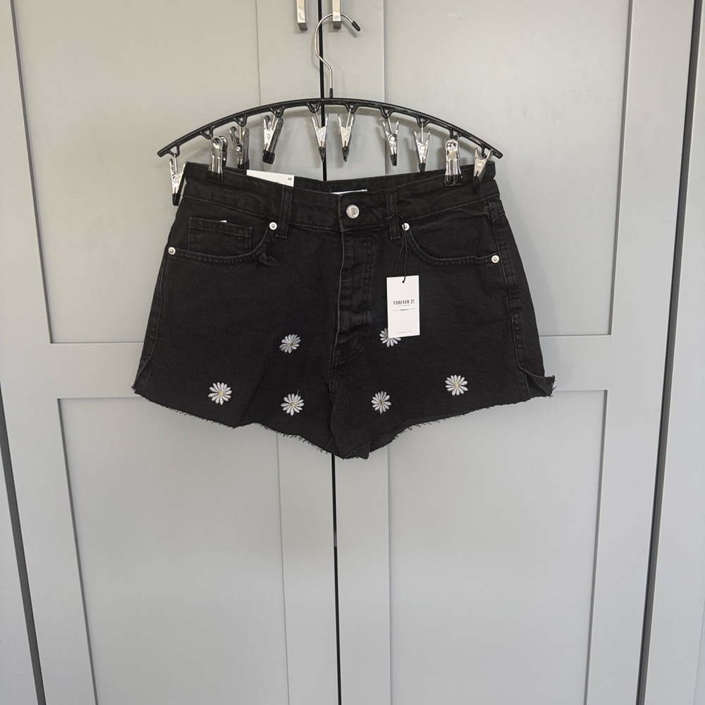 Forever 21 Black Floral Jean Shorts